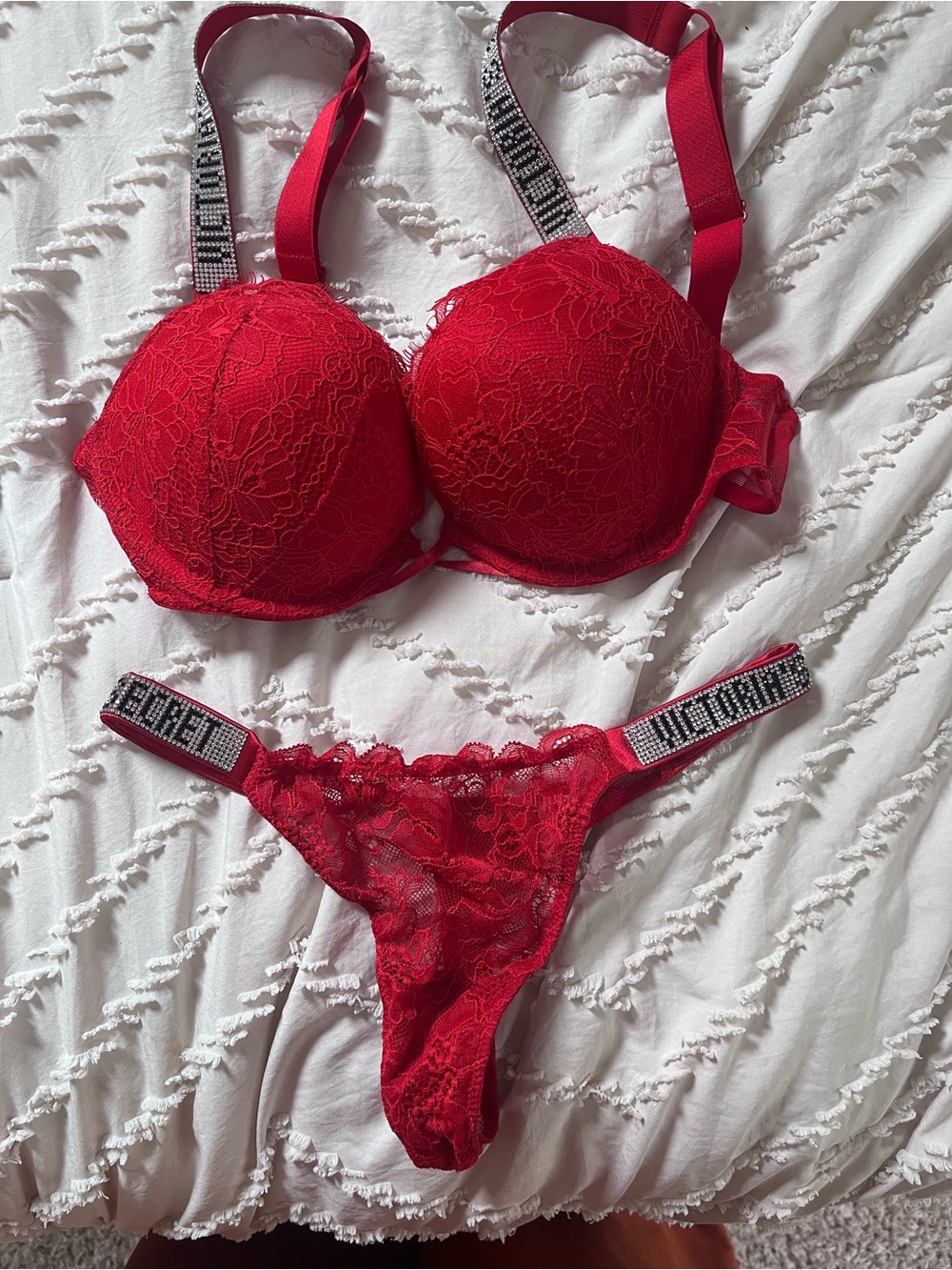 Victoria secret Red Lace Bra and Thong Set with Embellished Straps